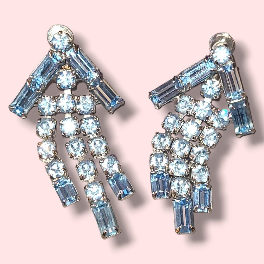 Vintage Blue Rhinestone Waterfall Dangle Screw Back Earrings‎